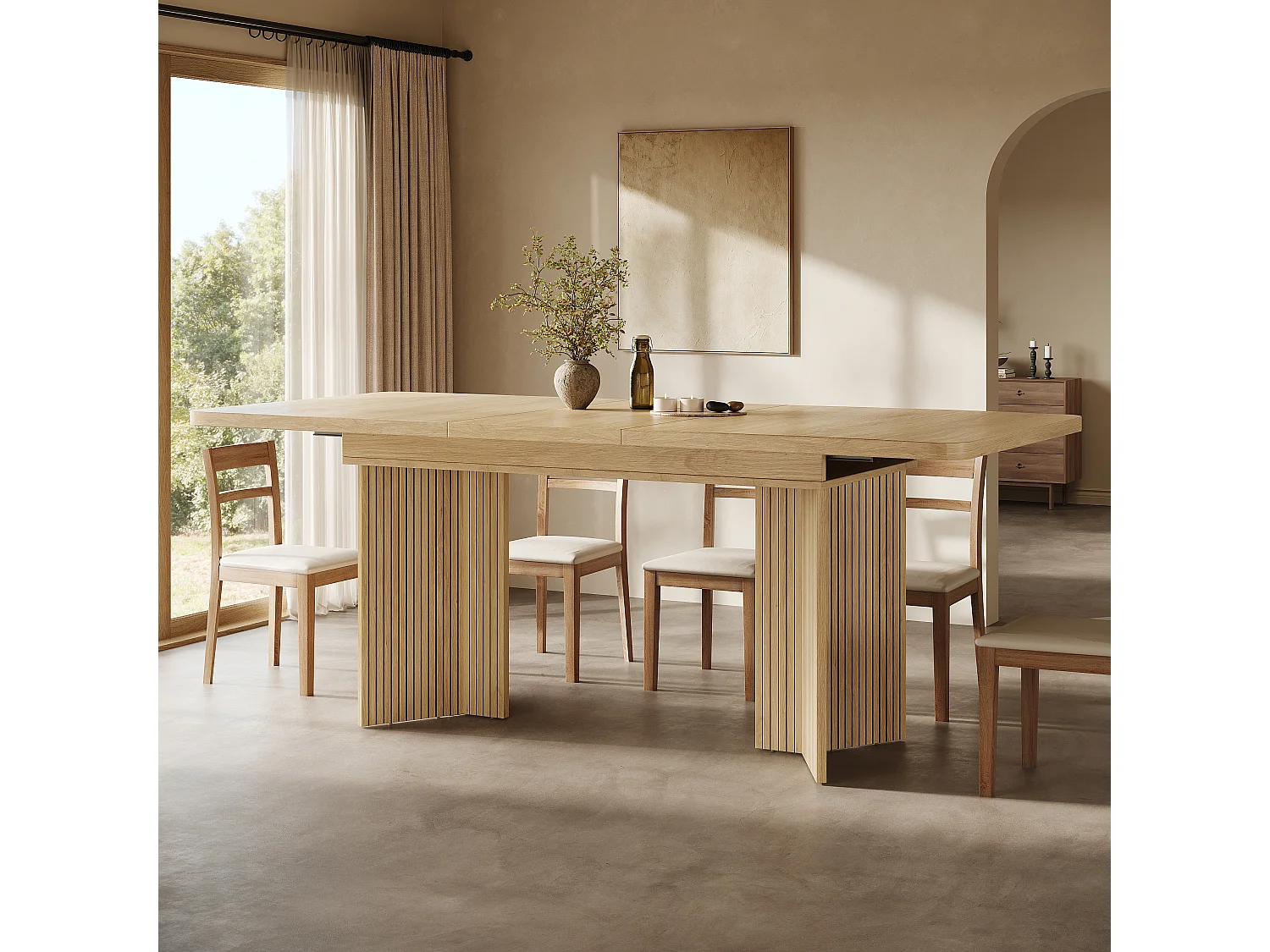 Table à manger extensible rectangulaire avec pieds en V rainurés verticaux - MDF et métal - 120/160 x 80 x 76,1 cm - Chêne clair