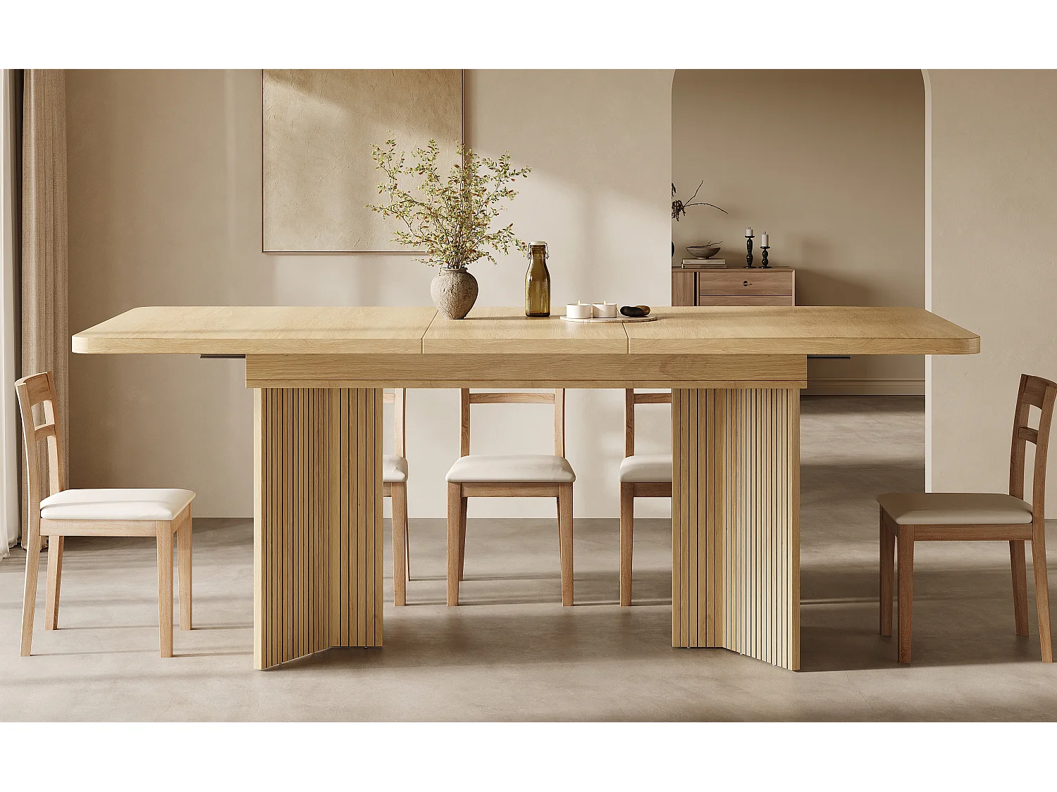 Table à manger extensible rectangulaire avec pieds en V rainurés verticaux - MDF et métal - 120/160 x 80 x 76,1 cm - Chêne clair