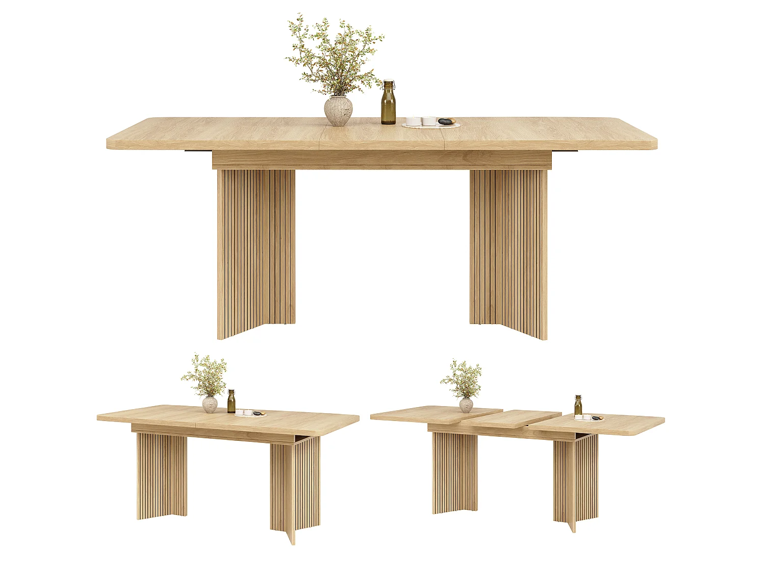Table à manger extensible rectangulaire avec pieds en V rainurés verticaux - MDF et métal - 120/160 x 80 x 76,1 cm - Chêne clair