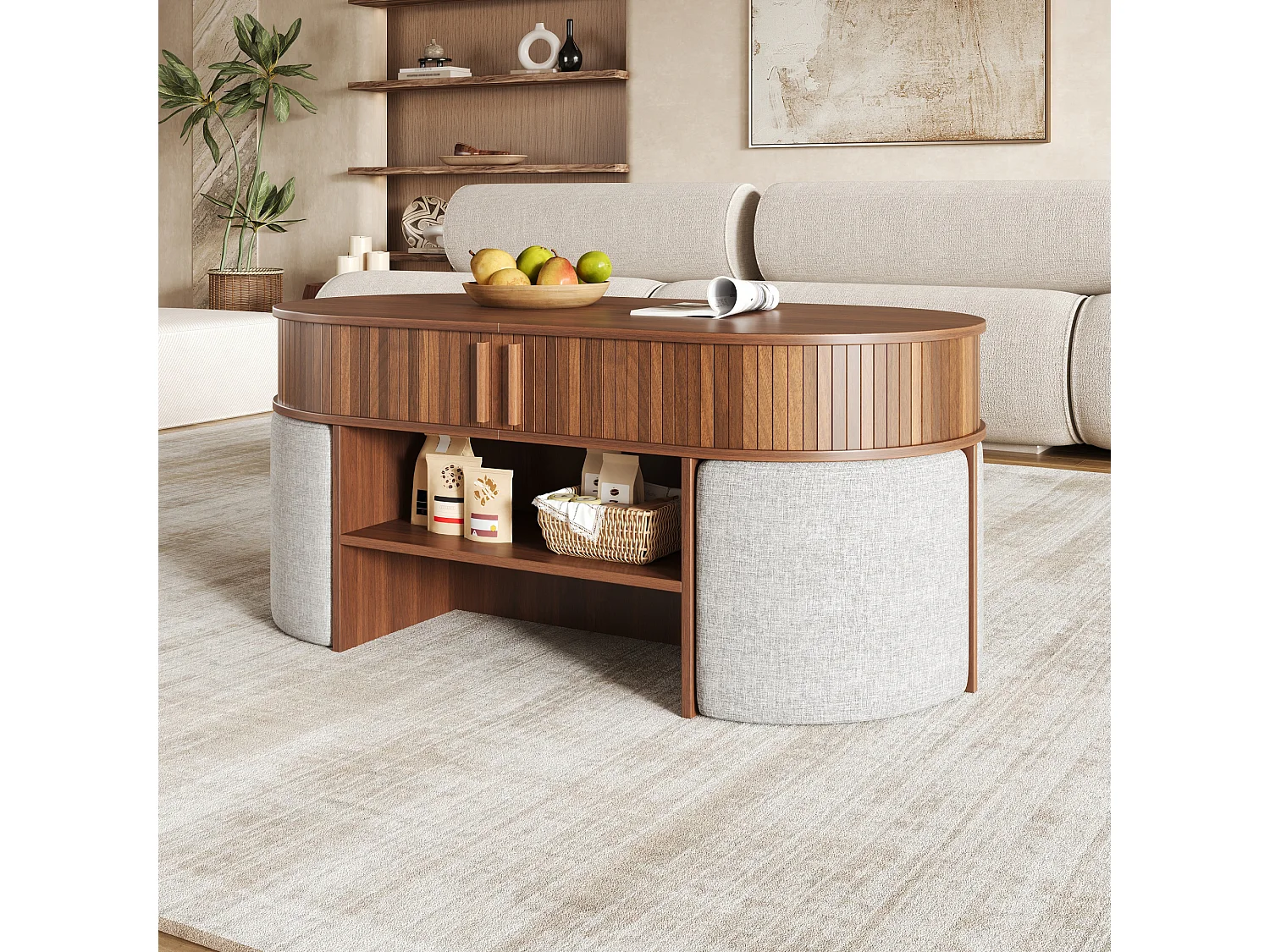 Mesa de centro oval com 4 banquetas integradas e 2 portas de correr - Aglomerado e MDF - 120 x 60 x 51,5 cm - Nogueira