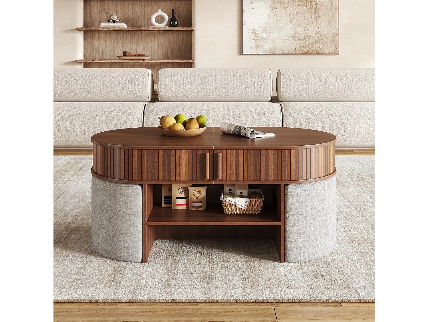 Mesa de centro oval com 4 banquetas integradas e 2 portas de correr - Aglomerado e MDF - 120 x 60 x 51,5 cm - Nogueira