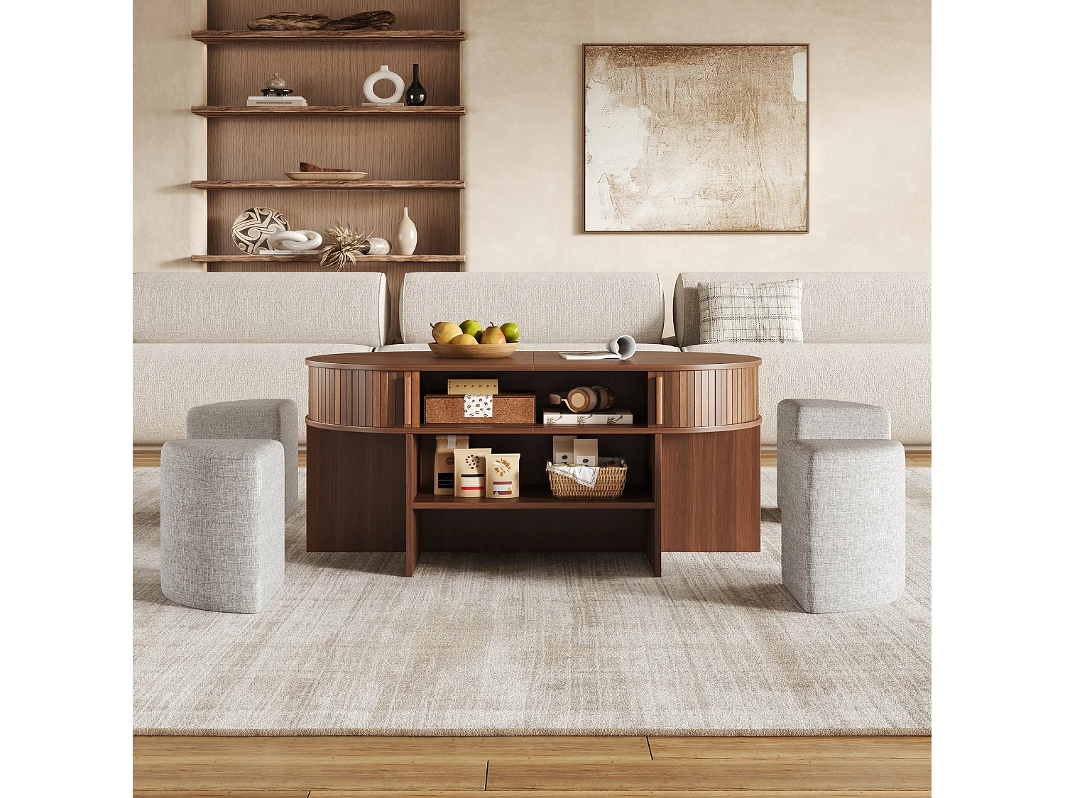 Mesa de centro oval com 4 banquetas integradas e 2 portas de correr - Aglomerado e MDF - 120 x 60 x 51,5 cm - Nogueira