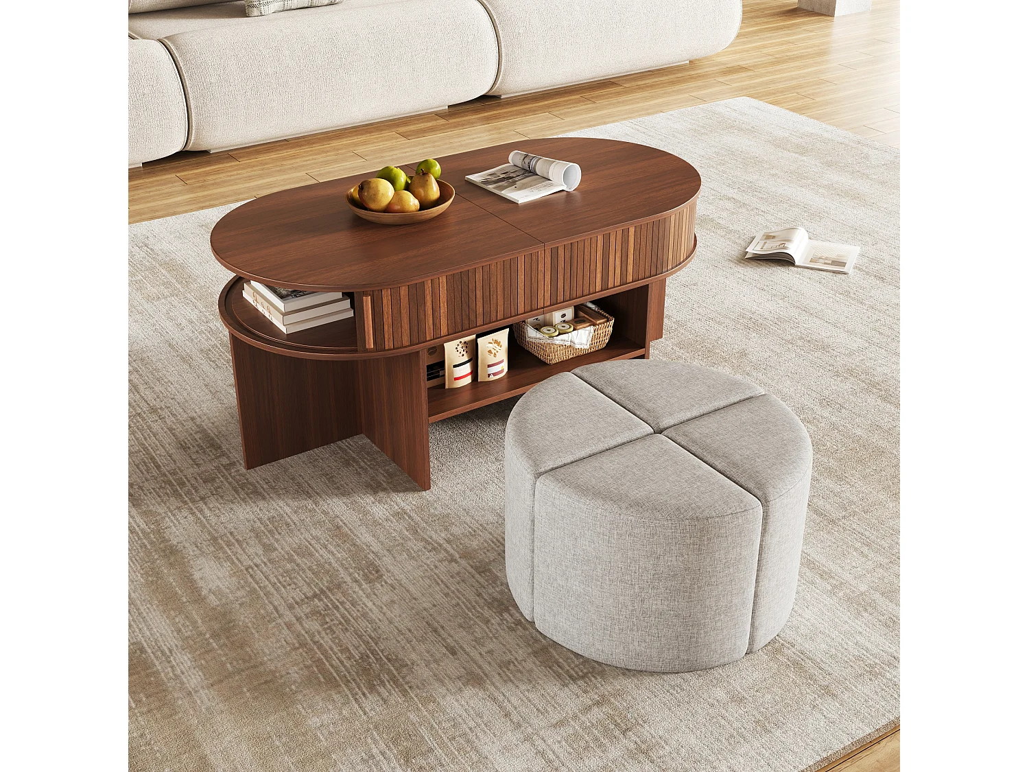 Mesa de centro oval com 4 banquetas integradas e 2 portas de correr - Aglomerado e MDF - 120 x 60 x 51,5 cm - Nogueira