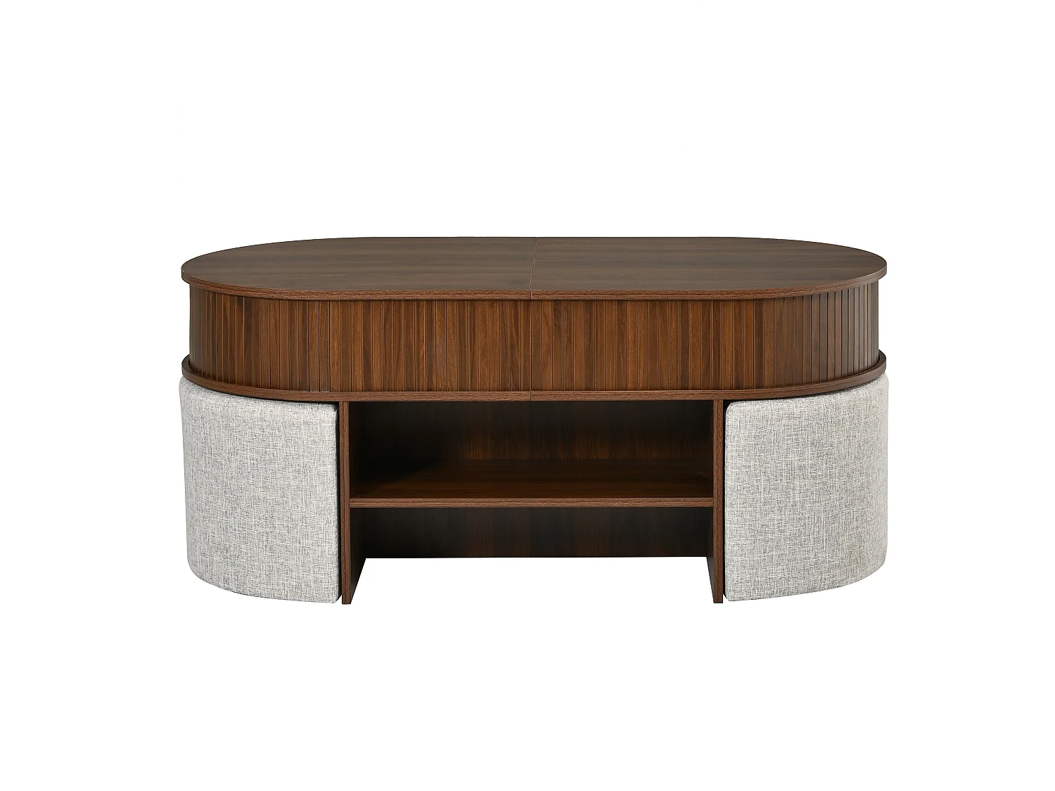 Mesa de centro oval com 4 banquetas integradas e 2 portas de correr - Aglomerado e MDF - 120 x 60 x 51,5 cm - Nogueira