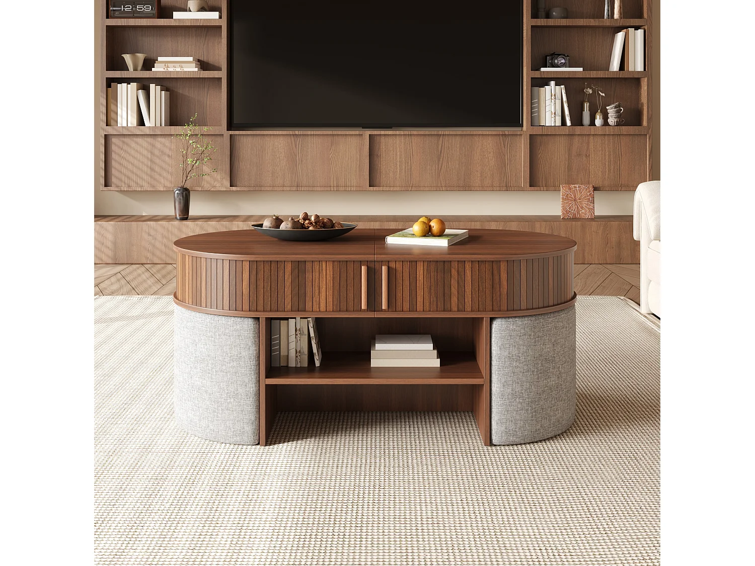 Mesa de centro oval com 4 banquetas integradas e 2 portas de correr - Aglomerado e MDF - 120 x 60 x 51,5 cm - Nogueira