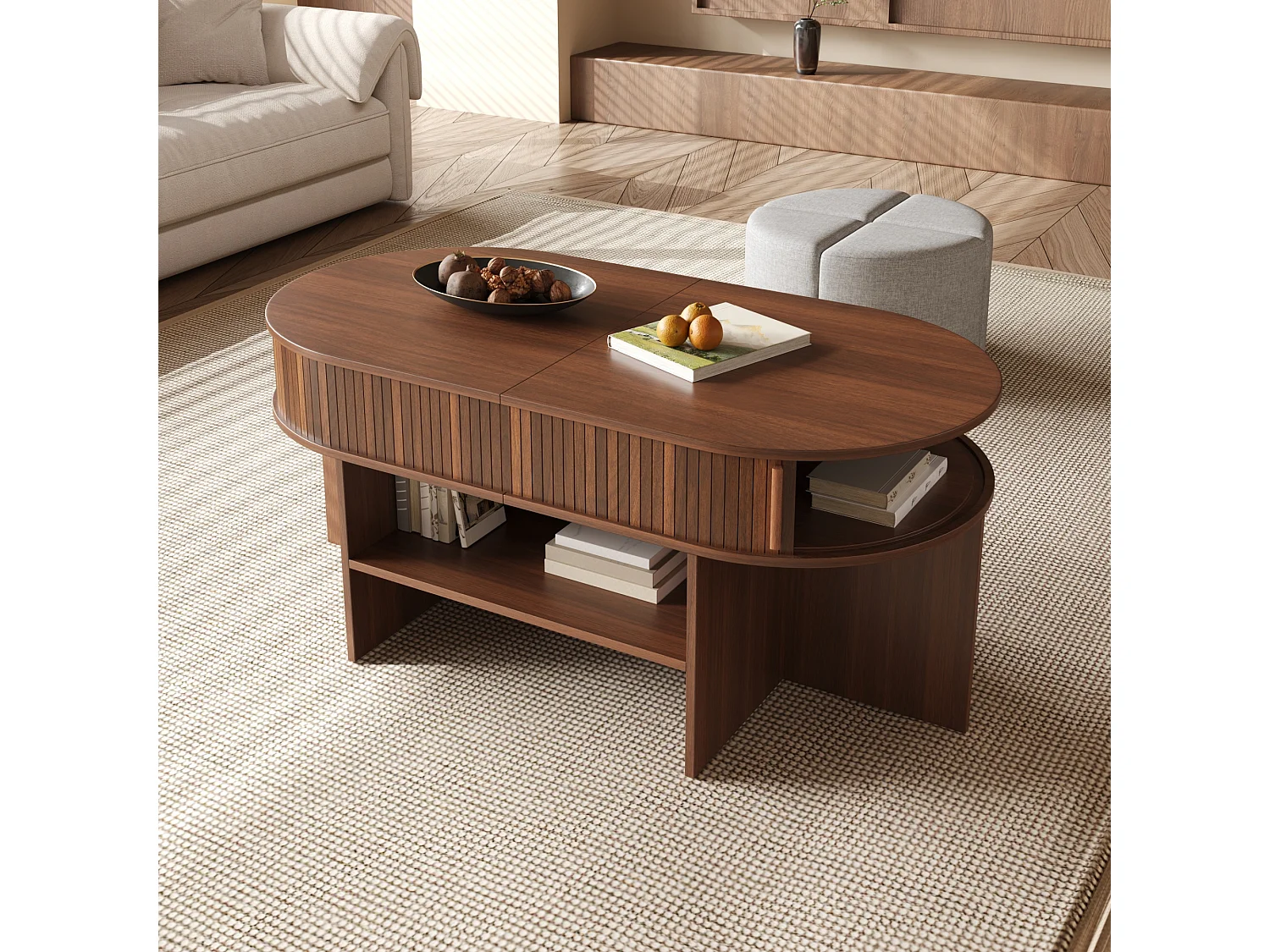 Mesa de centro oval com 4 banquetas integradas e 2 portas de correr - Aglomerado e MDF - 120 x 60 x 51,5 cm - Nogueira
