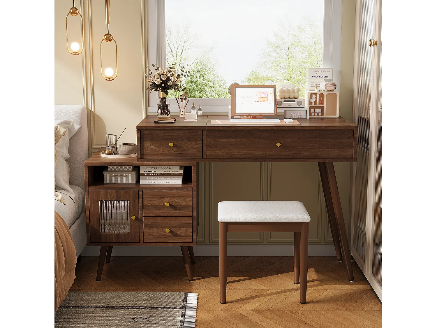 Dressing table with fold-down LED mirror, stool, 3 drawers, 1 door and storage – MDF and bamboo – 120 x 50 x 77.5 cm – Walnut