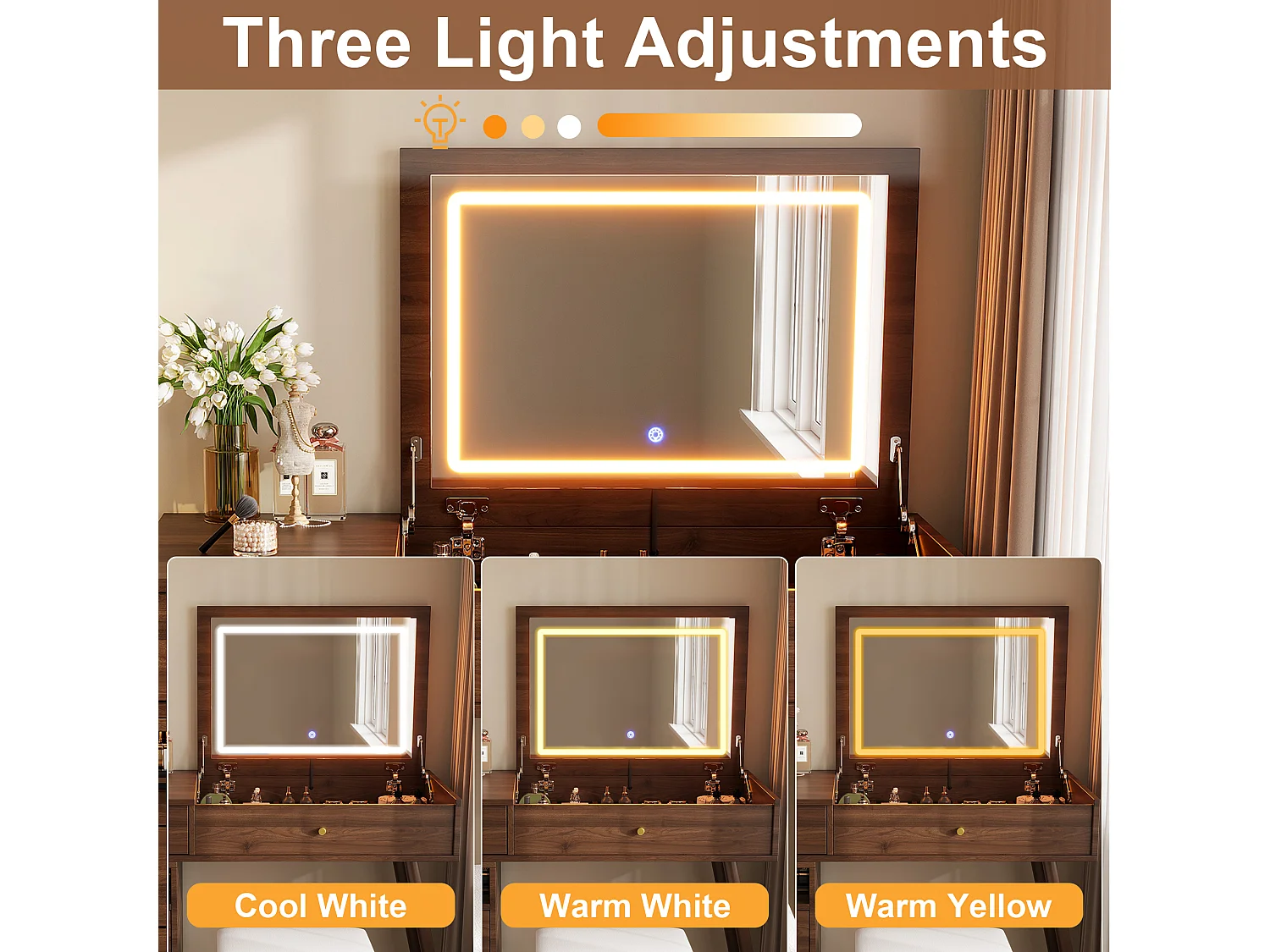 Dressing table with fold-down LED mirror, stool, 3 drawers, 1 door and storage – MDF and bamboo – 120 x 50 x 77.5 cm – Walnut