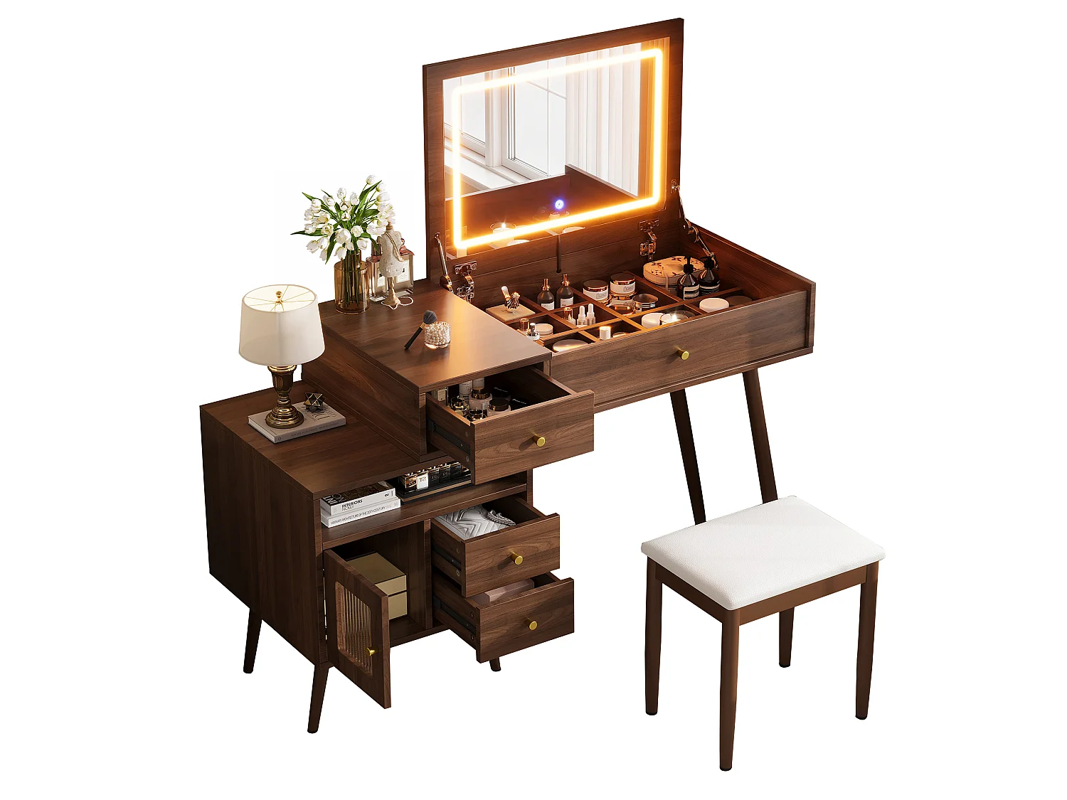 Dressing table with fold-down LED mirror, stool, 3 drawers, 1 door and storage – MDF and bamboo – 120 x 50 x 77.5 cm – Walnut