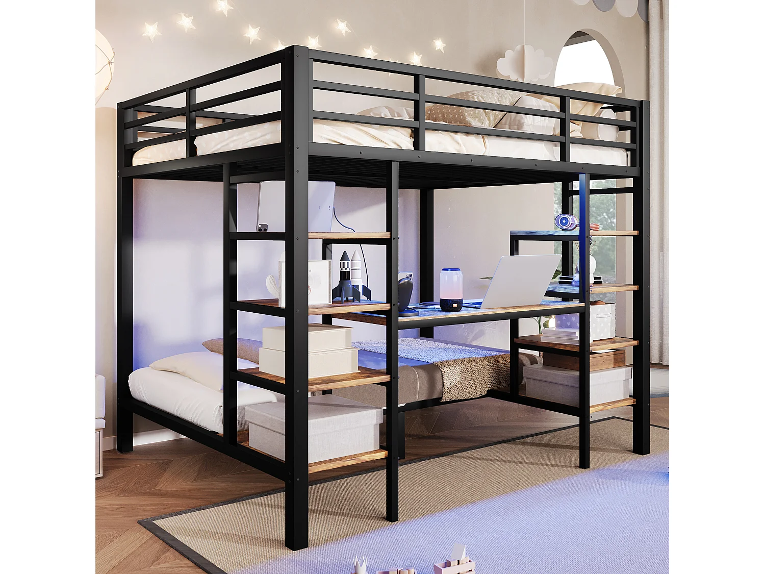 Stapelbed 90 x 200 cm + 140 x 200 cm met bureau, planken, ledverlichting, USB/Type-C-aansluitingen - Metaal + MDF - Zwart (Matras niet inbegrepen)