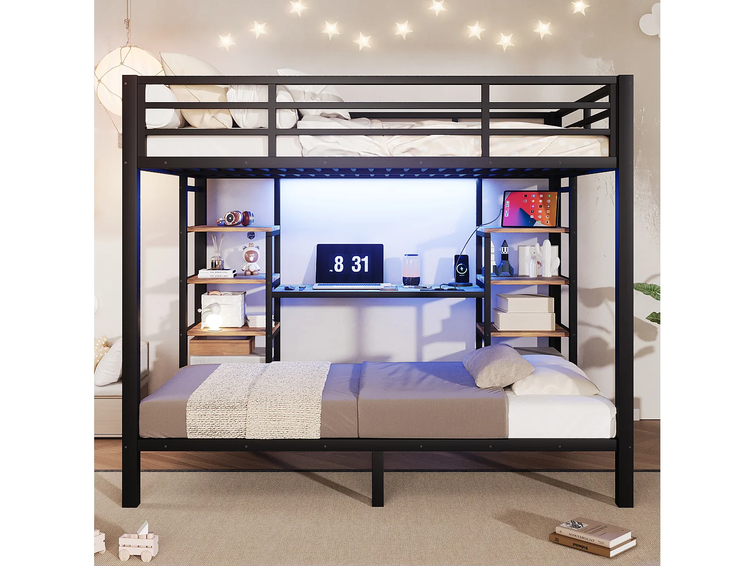 Stapelbed 90 x 200 cm + 140 x 200 cm met bureau, planken, ledverlichting, USB/Type-C-aansluitingen - Metaal + MDF - Zwart (Matras niet inbegrepen)