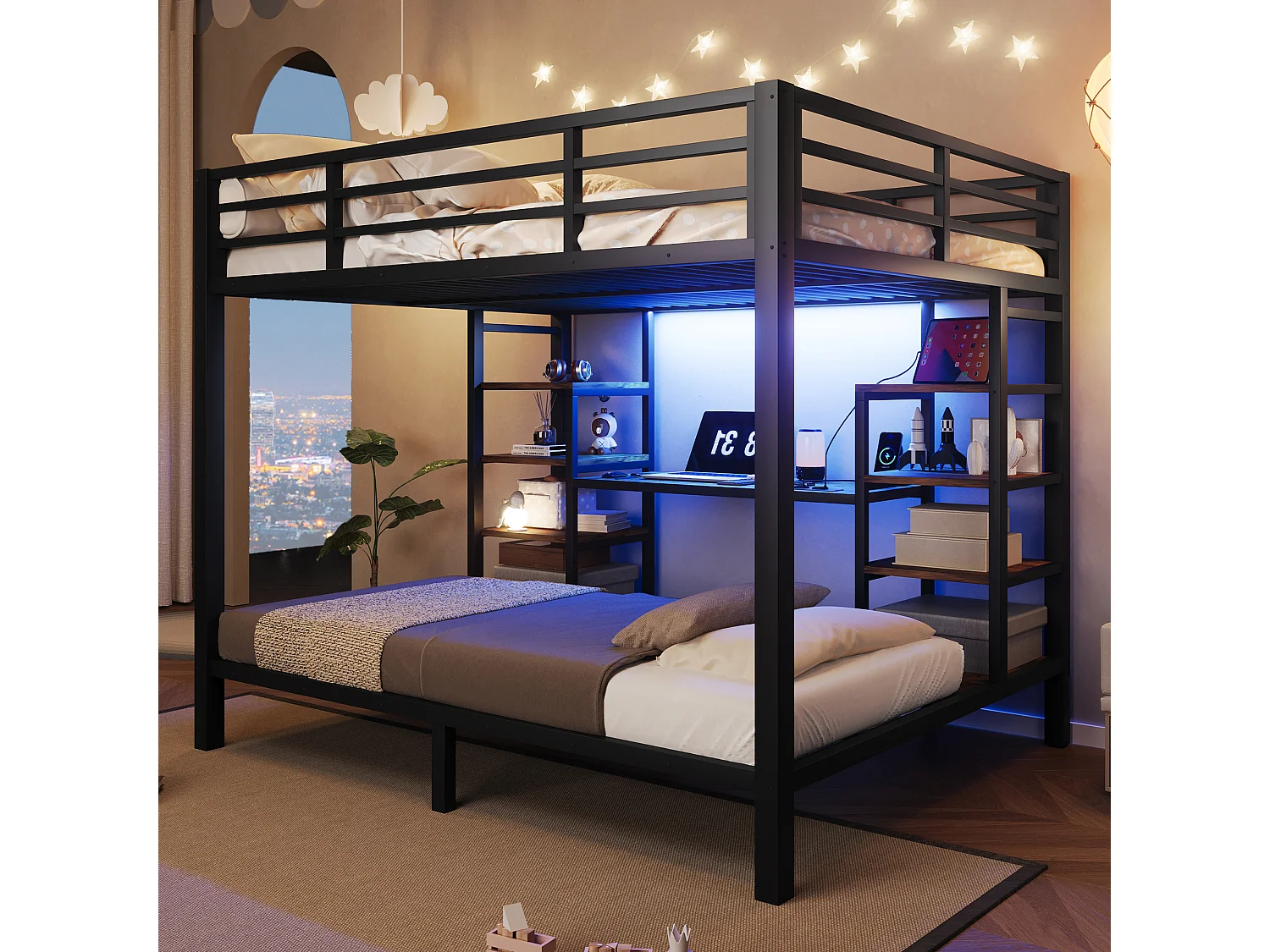 Stapelbed 90 x 200 cm + 140 x 200 cm met bureau, planken, ledverlichting, USB/Type-C-aansluitingen - Metaal + MDF - Zwart (Matras niet inbegrepen)