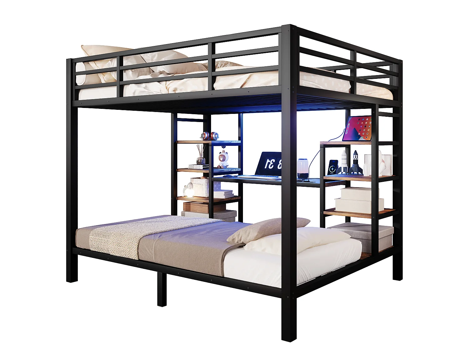 Stapelbed 90 x 200 cm + 140 x 200 cm met bureau, planken, ledverlichting, USB/Type-C-aansluitingen - Metaal + MDF - Zwart (Matras niet inbegrepen)