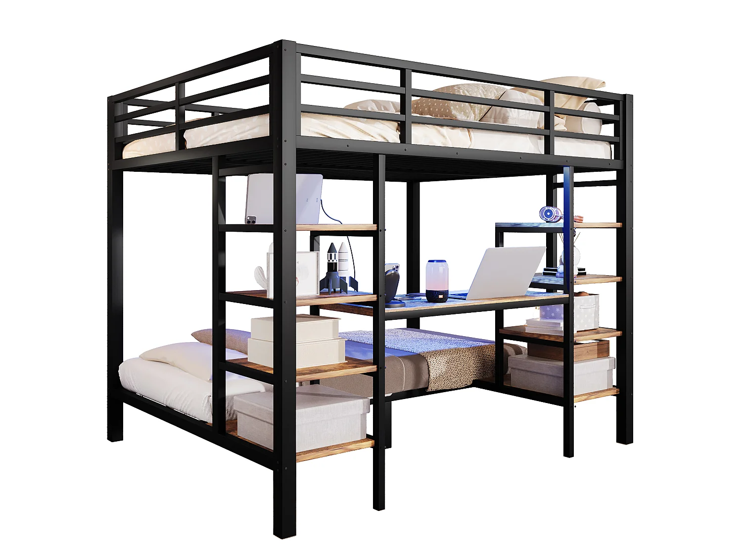 Stapelbed 90 x 200 cm + 140 x 200 cm met bureau, planken, ledverlichting, USB/Type-C-aansluitingen - Metaal + MDF - Zwart (Matras niet inbegrepen)