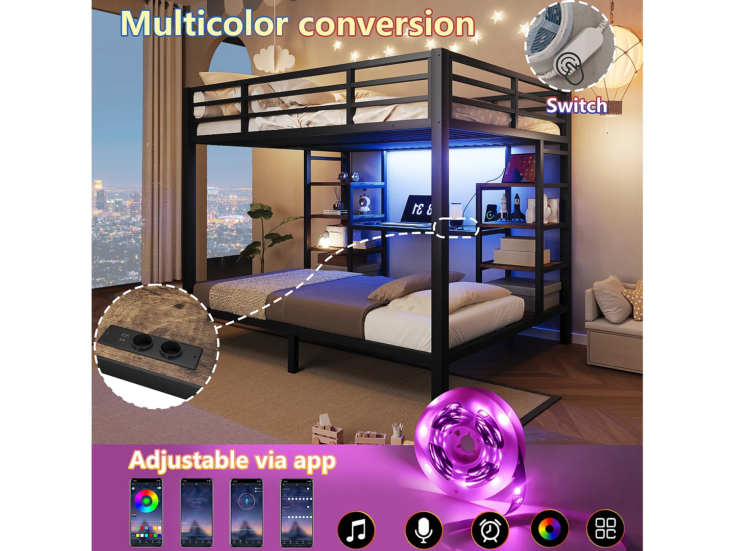 Stapelbed 90 x 200 cm + 140 x 200 cm met bureau, planken, ledverlichting, USB/Type-C-aansluitingen - Metaal + MDF - Zwart (Matras niet inbegrepen)