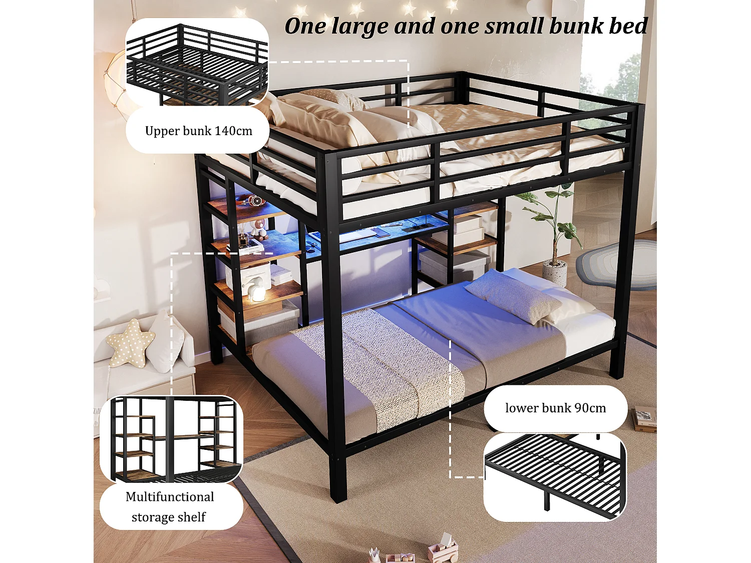 Stapelbed 90 x 200 cm + 140 x 200 cm met bureau, planken, ledverlichting, USB/Type-C-aansluitingen - Metaal + MDF - Zwart (Matras niet inbegrepen)