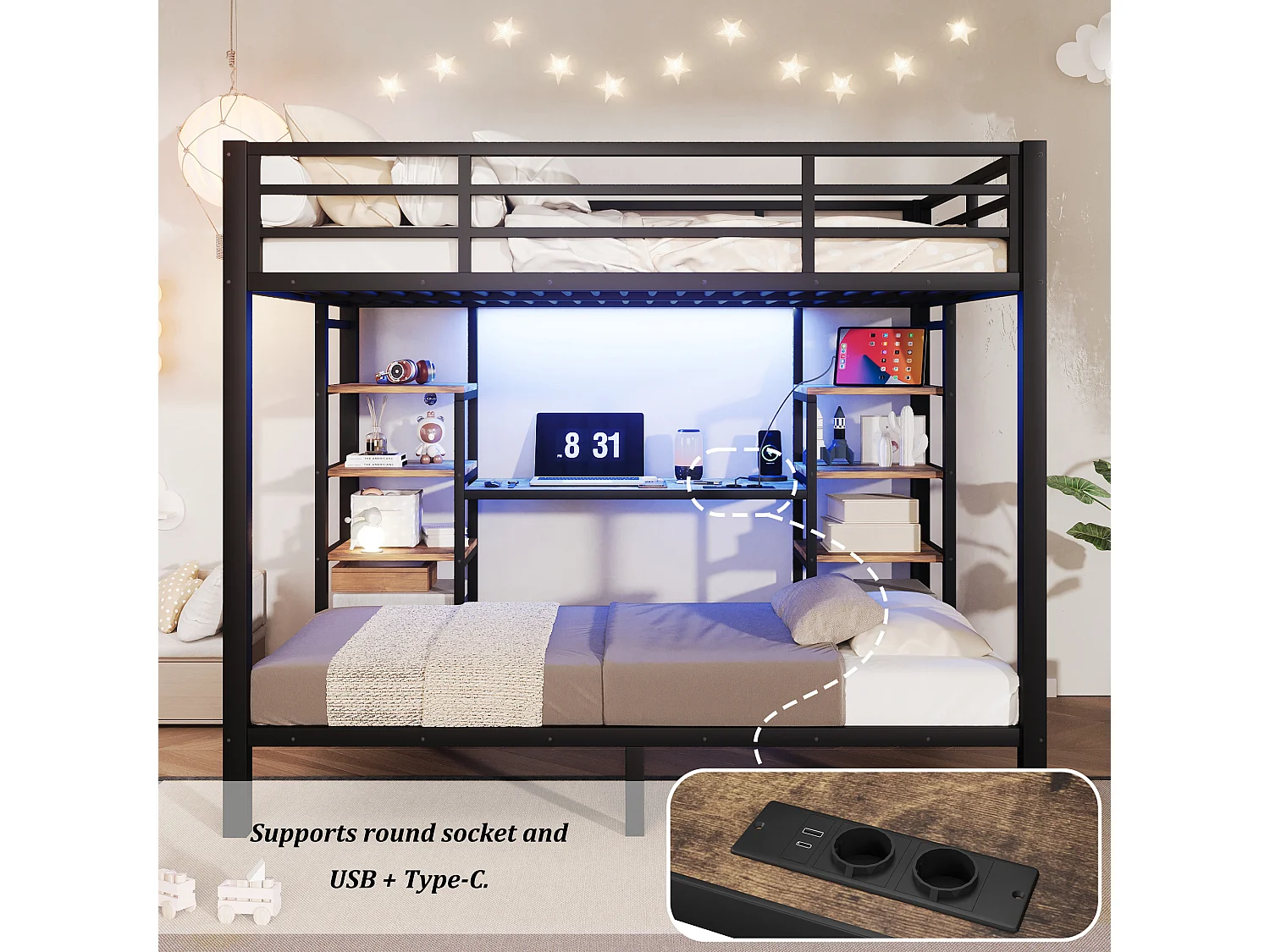 Stapelbed 90 x 200 cm + 140 x 200 cm met bureau, planken, ledverlichting, USB/Type-C-aansluitingen - Metaal + MDF - Zwart (Matras niet inbegrepen)