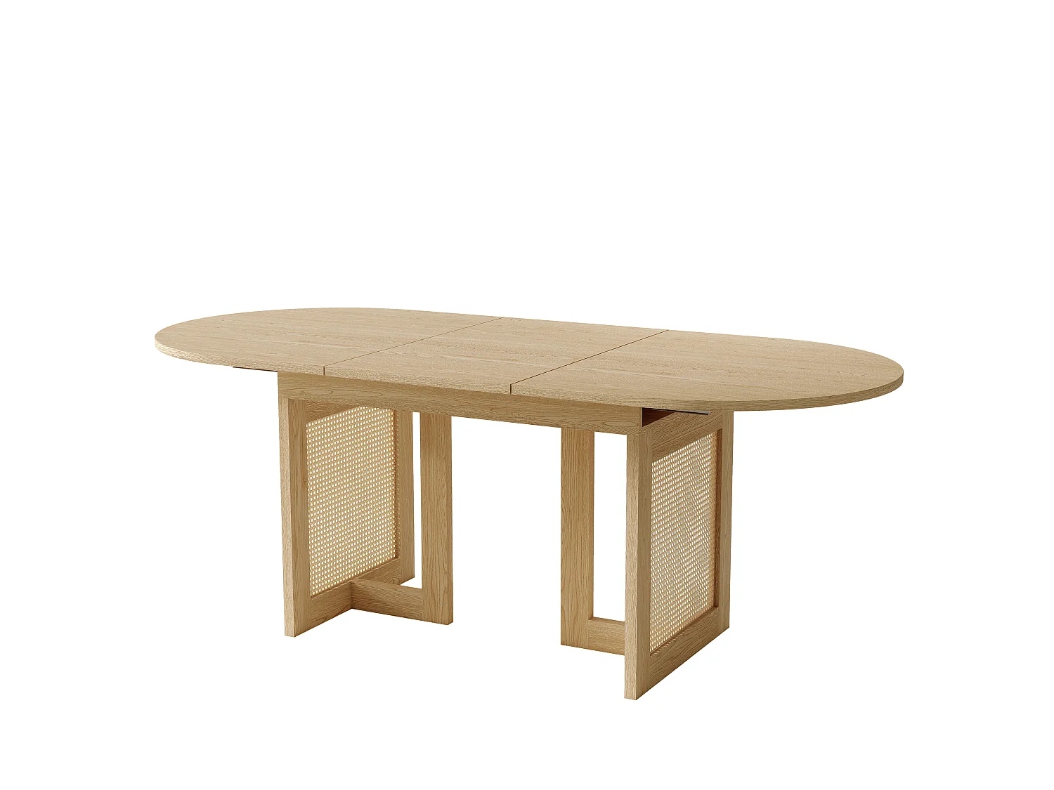 Table à manger ovale et extensible 6 à 8 couverts avec plateau épais et pieds effet rotin - MDF - 150/200 x 90 x 75 cm - Chêne