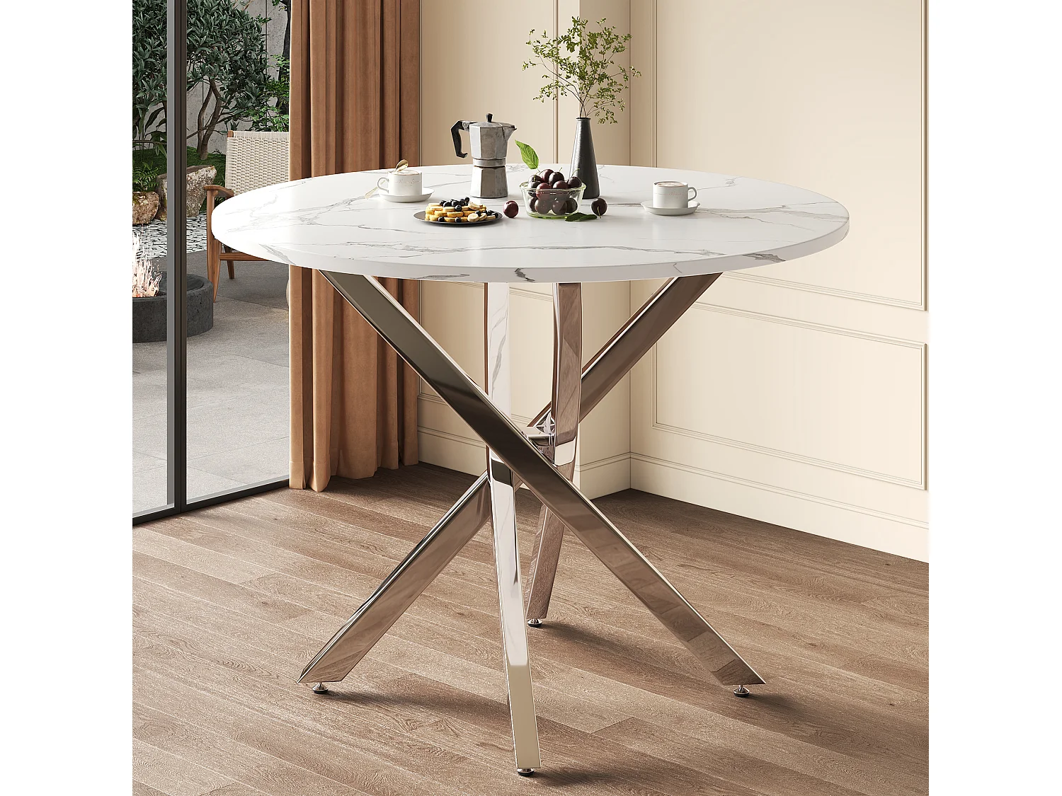 Ronde eettafel met blad in marmerlook en zilverkleurige gekruiste poten - MDF en metaal - 80 x 80 x 75 cm - Wit en zilver
