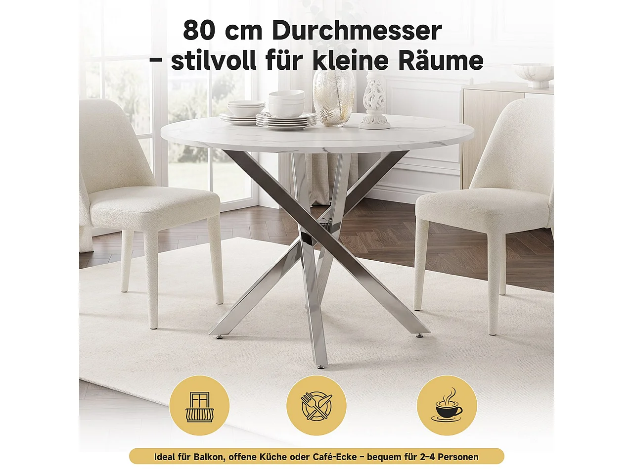 Ronde eettafel met blad in marmerlook en zilverkleurige gekruiste poten - MDF en metaal - 80 x 80 x 75 cm - Wit en zilver