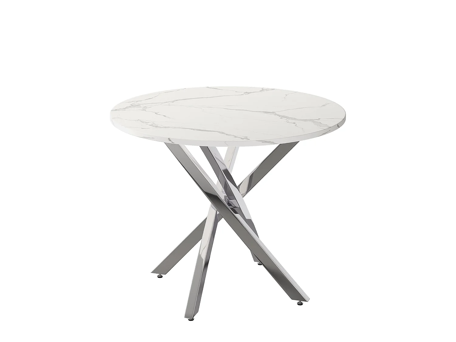 Ronde eettafel met blad in marmerlook en zilverkleurige gekruiste poten - MDF en metaal - 80 x 80 x 75 cm - Wit en zilver