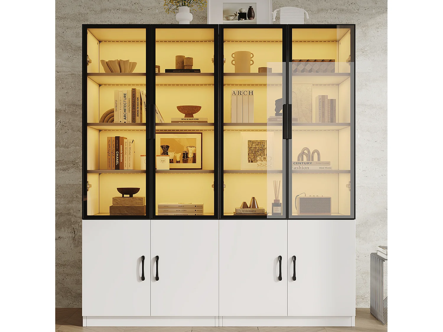 Set aus 2 Vitrinen mit je 4 Türen aus Rauchglas und 4 Holztüren sowie LED-Beleuchtung – Spanplatte und Glas – 120 x 40 x 160 cm – Weiß