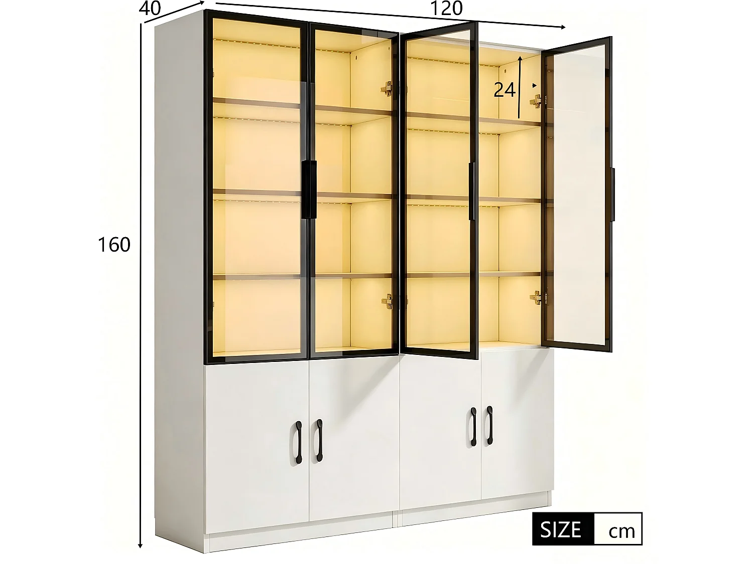Set aus 2 Vitrinen mit je 4 Türen aus Rauchglas und 4 Holztüren sowie LED-Beleuchtung – Spanplatte und Glas – 120 x 40 x 160 cm – Weiß