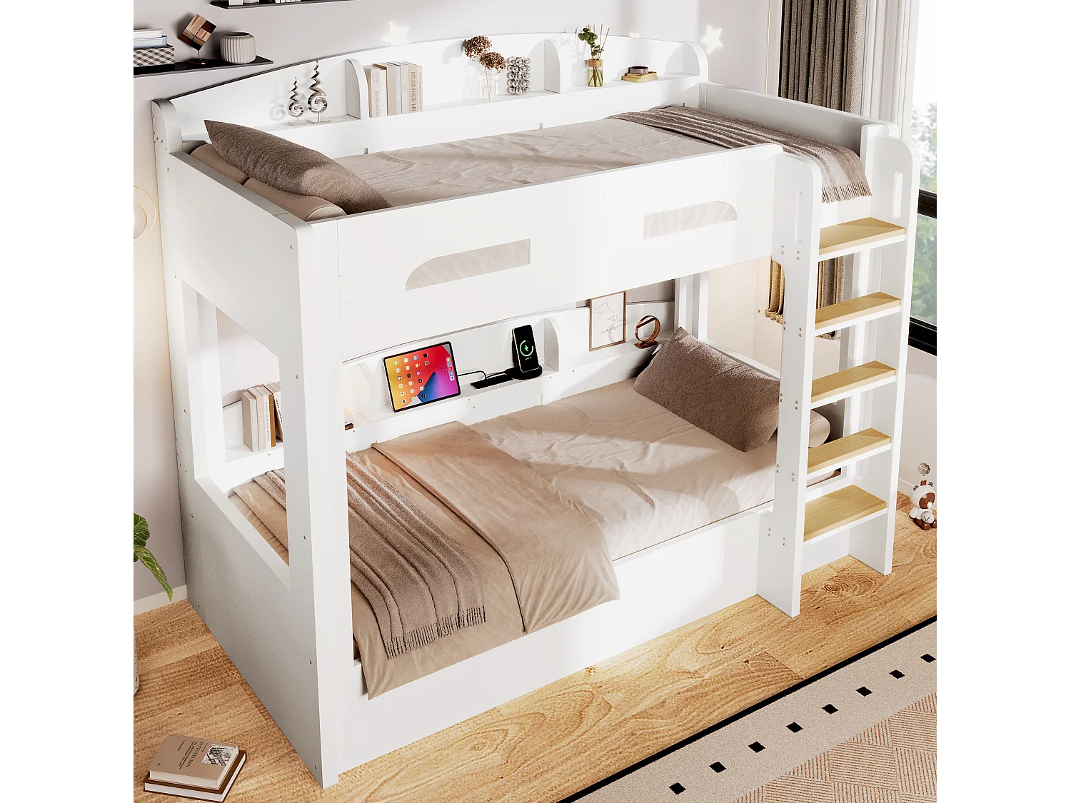 Letto a castello 90 x 200 cm con contenitore, ripiani laterali e porta USB - MDF + Pino - Bianco (Materasso non incluso)