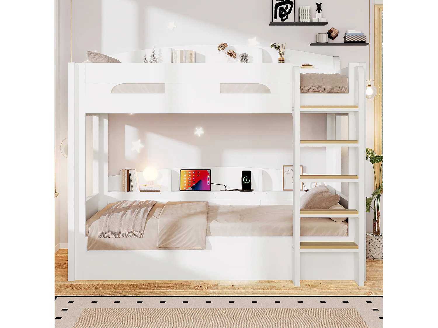 Letto a castello 90 x 200 cm con contenitore, ripiani laterali e porta USB - MDF + Pino - Bianco (Materasso non incluso)