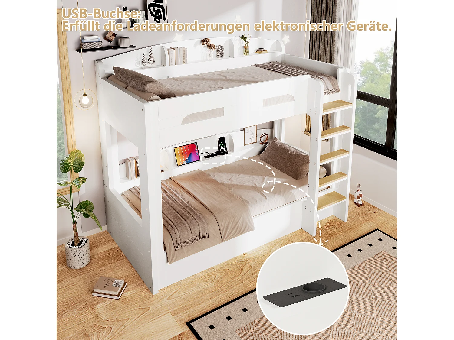 Letto a castello 90 x 200 cm con contenitore, ripiani laterali e porta USB - MDF + Pino - Bianco (Materasso non incluso)