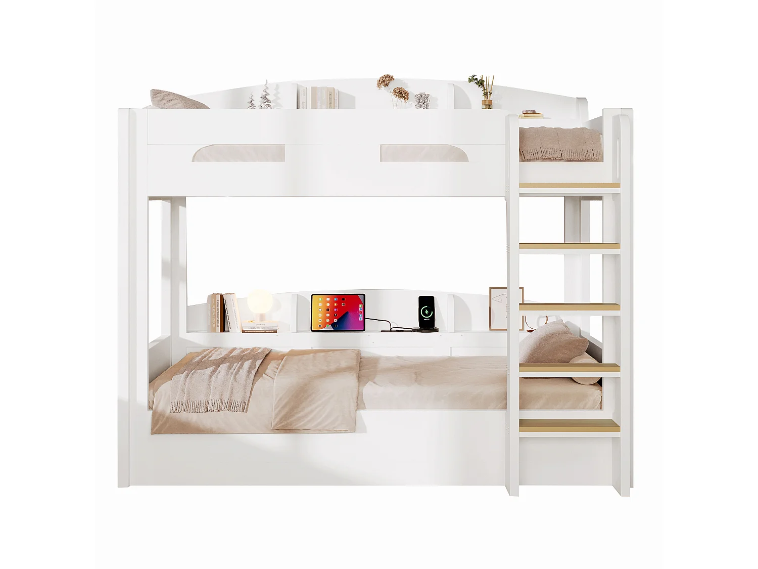Letto a castello 90 x 200 cm con contenitore, ripiani laterali e porta USB - MDF + Pino - Bianco (Materasso non incluso)