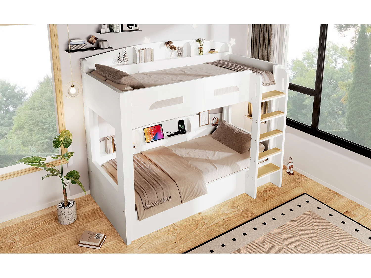Letto a castello 90 x 200 cm con contenitore, ripiani laterali e porta USB - MDF + Pino - Bianco (Materasso non incluso)