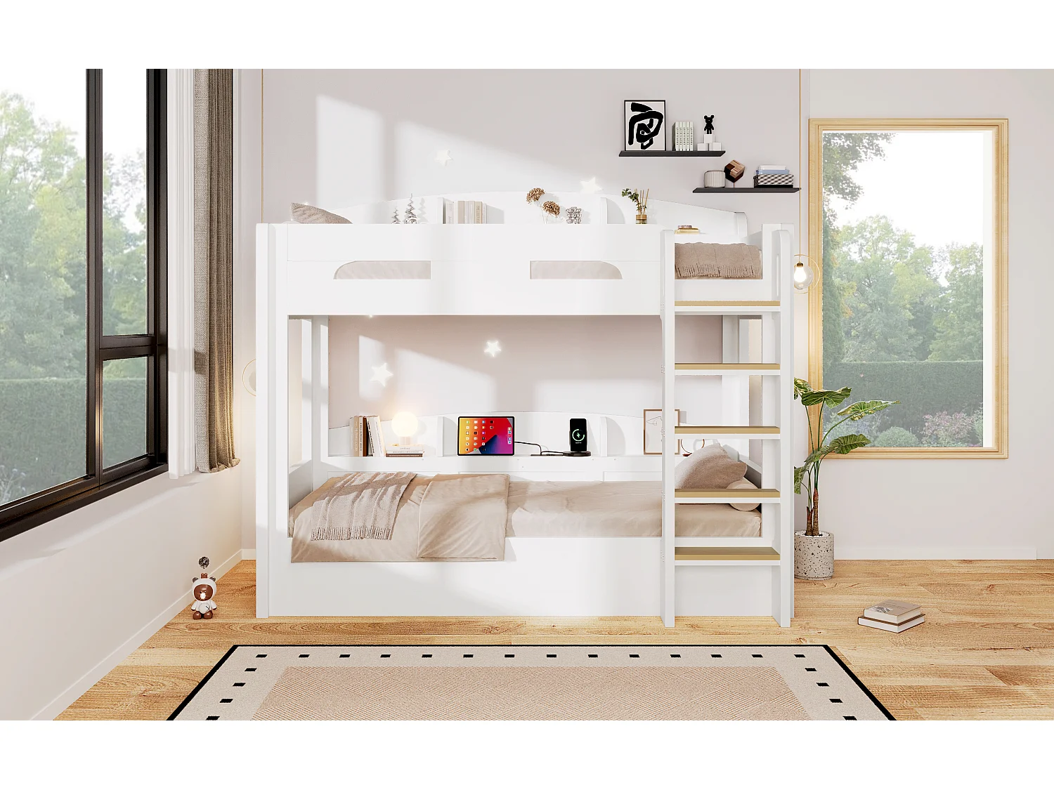 Letto a castello 90 x 200 cm con contenitore, ripiani laterali e porta USB - MDF + Pino - Bianco (Materasso non incluso)