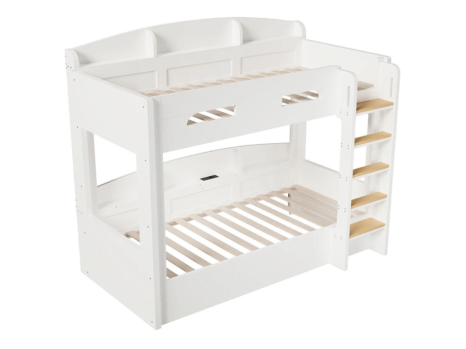 Letto a castello 90 x 200 cm con contenitore, ripiani laterali e porta USB - MDF + Pino - Bianco (Materasso non incluso)
