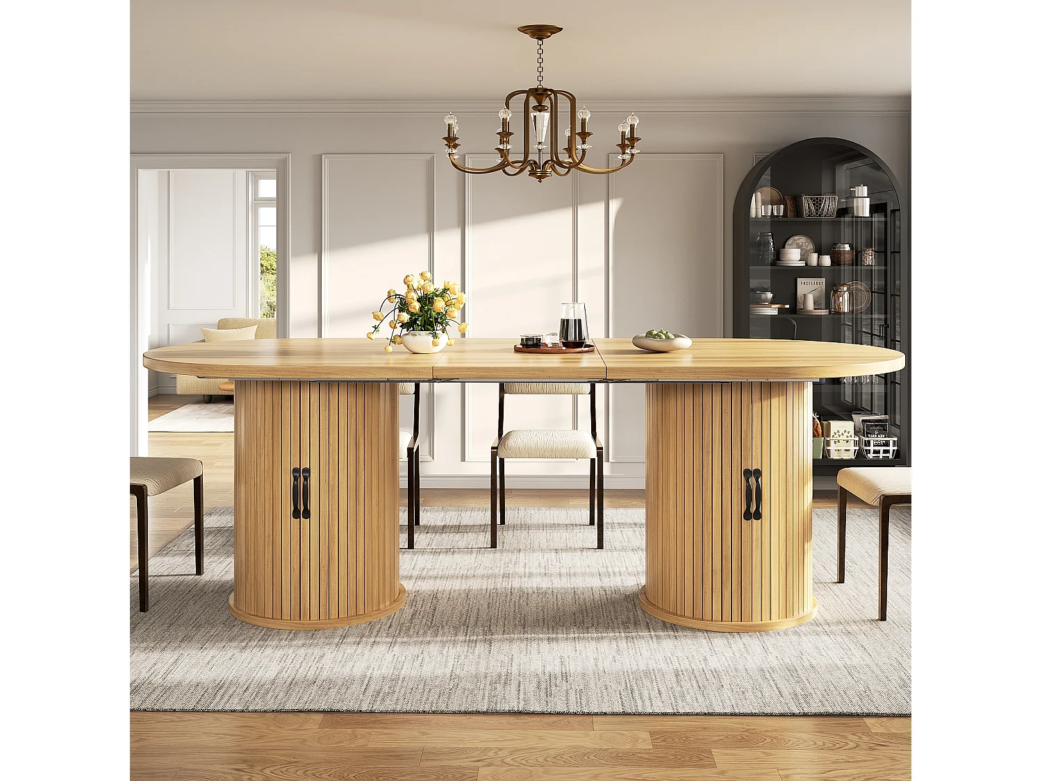 Table à manger ovale et extensible avec 4 portes coulissantes - MDF et métal - 149,8/189,7 x 80 x 75 cm - Naturel