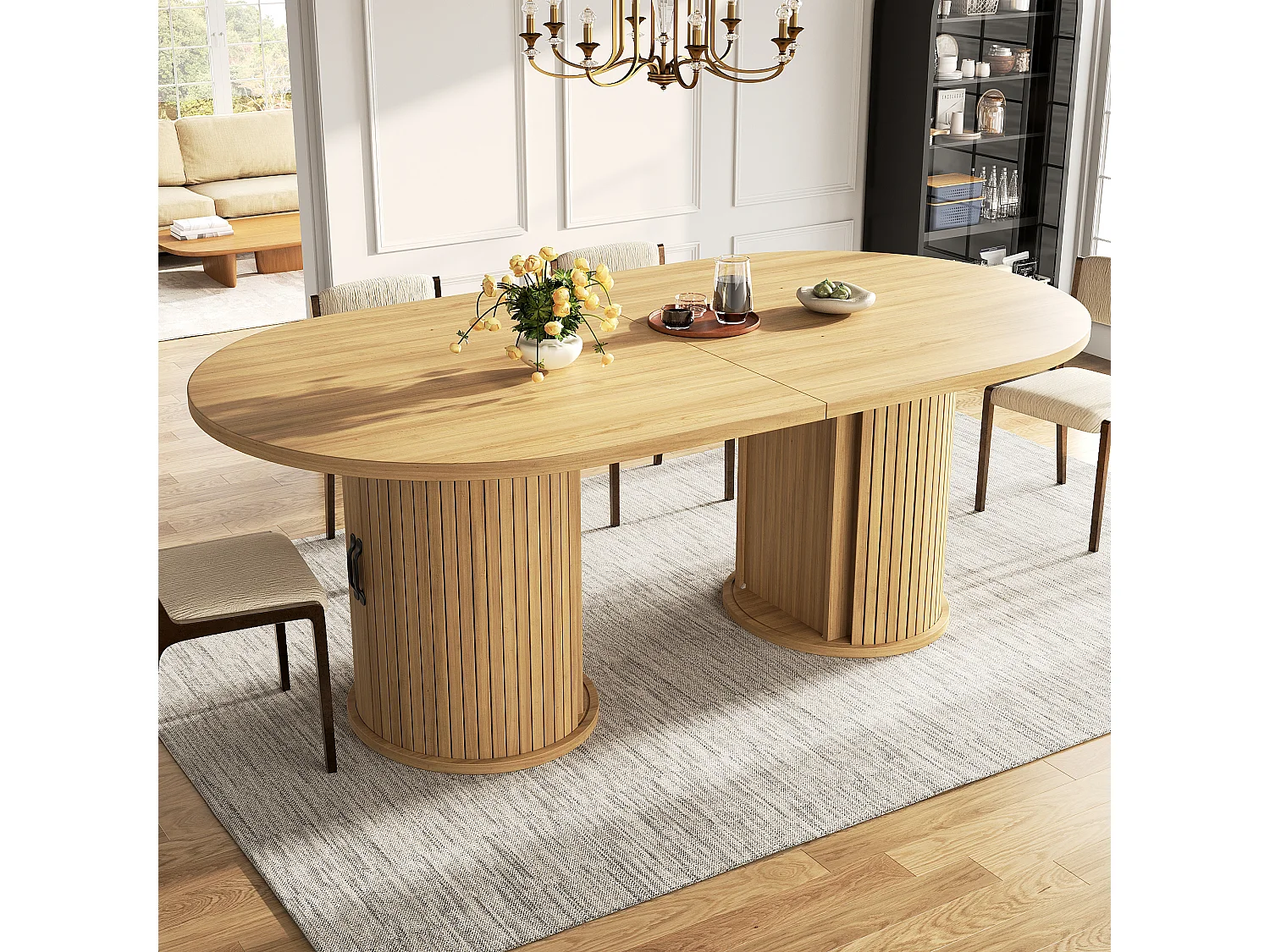 Table à manger ovale et extensible avec 4 portes coulissantes - MDF et métal - 149,8/189,7 x 80 x 75 cm - Naturel