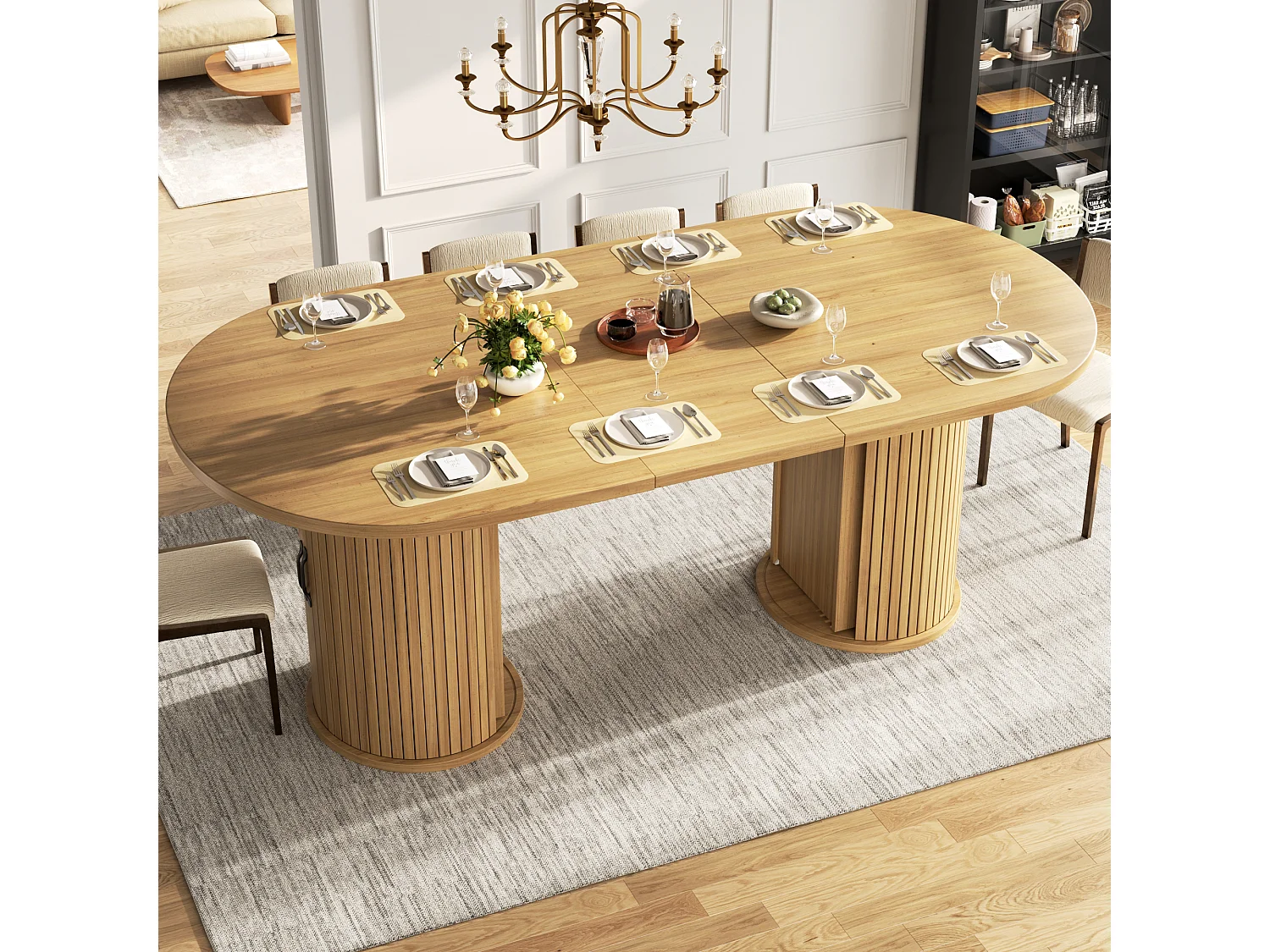 Table à manger ovale et extensible avec 4 portes coulissantes - MDF et métal - 149,8/189,7 x 80 x 75 cm - Naturel