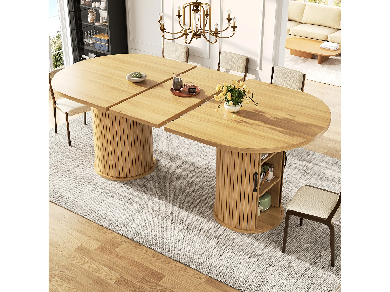 Table à manger ovale et extensible avec 4 portes coulissantes - MDF et métal - 149,8/189,7 x 80 x 75 cm - Naturel