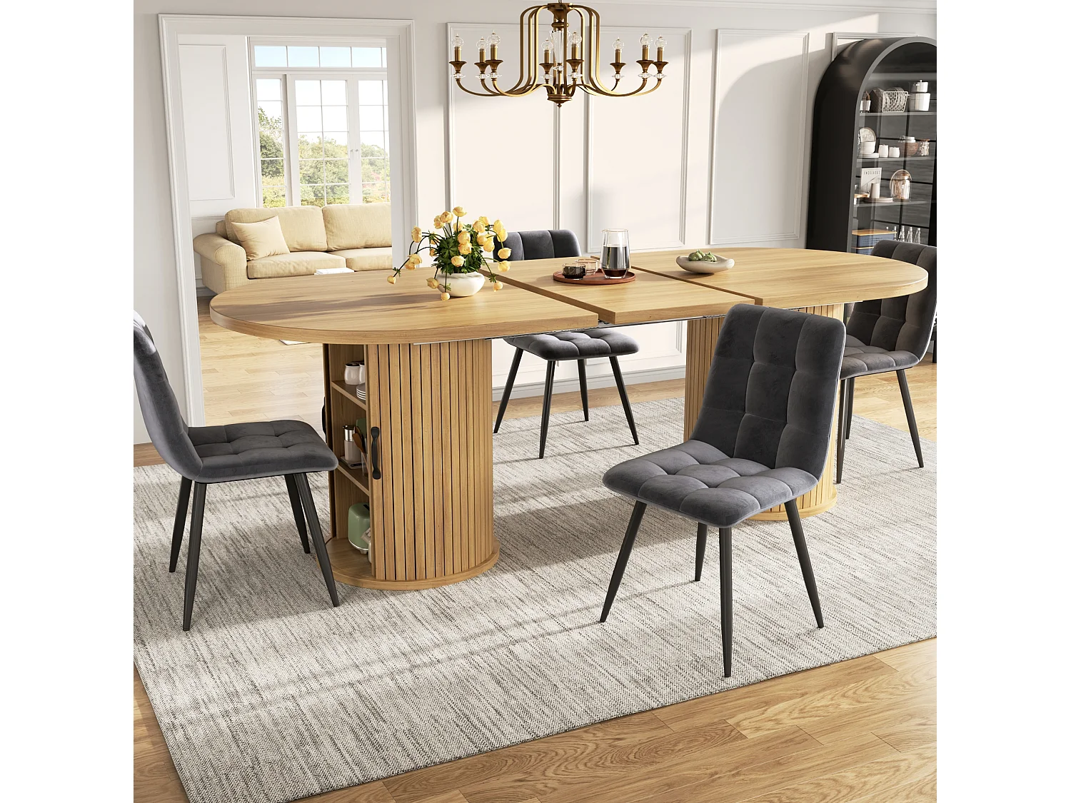 Table à manger ovale et extensible avec 4 portes coulissantes - MDF et métal - 149,8/189,7 x 80 x 75 cm - Naturel