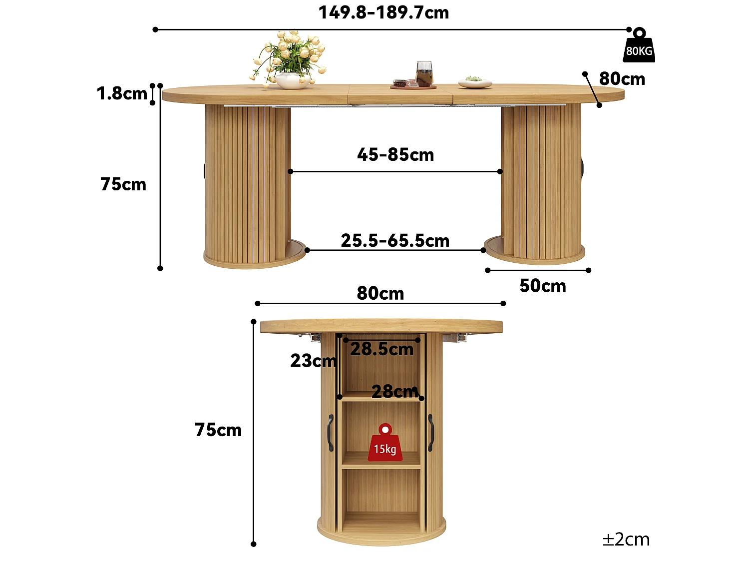 Table à manger ovale et extensible avec 4 portes coulissantes - MDF et métal - 149,8/189,7 x 80 x 75 cm - Naturel