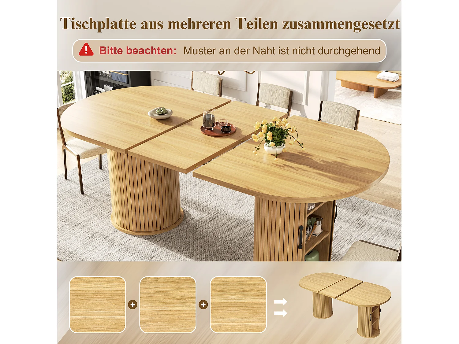 Table à manger ovale et extensible avec 4 portes coulissantes - MDF et métal - 149,8/189,7 x 80 x 75 cm - Naturel