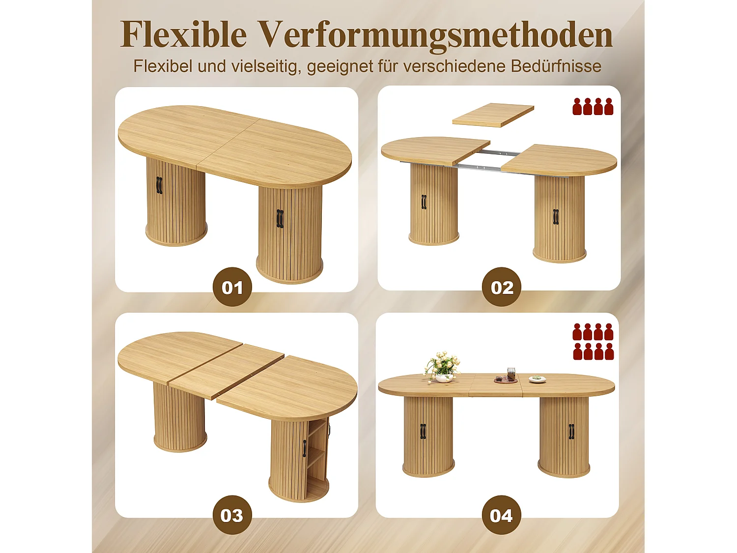 Table à manger ovale et extensible avec 4 portes coulissantes - MDF et métal - 149,8/189,7 x 80 x 75 cm - Naturel