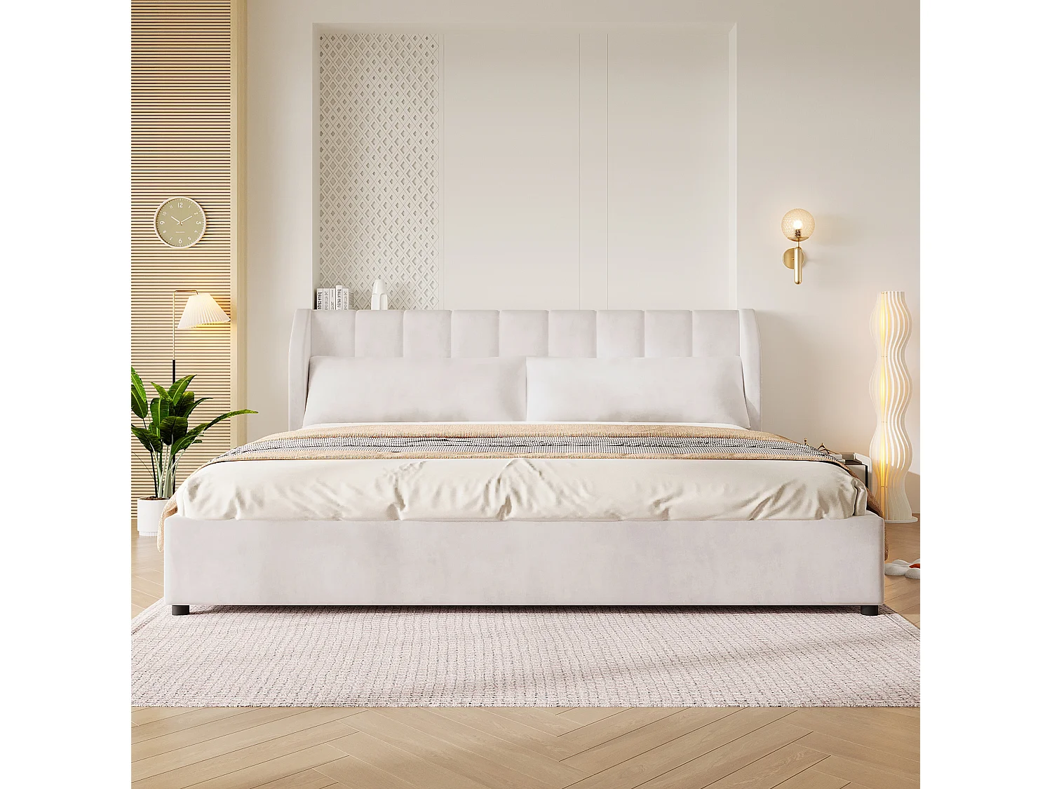 Łóżko platformowe tapicerowane 180 x 200 cm z 2 poduszkami - Aksamit - MDF + Flanela - Beż (Materac nie jest wliczony w cenę)