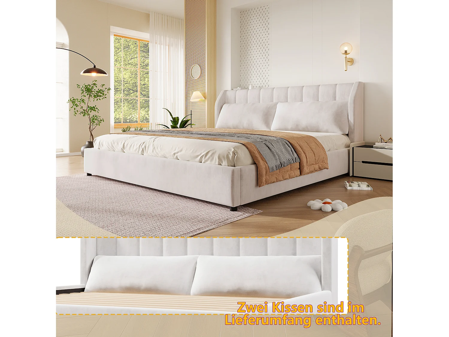 Łóżko platformowe tapicerowane 180 x 200 cm z 2 poduszkami - Aksamit - MDF + Flanela - Beż (Materac nie jest wliczony w cenę)