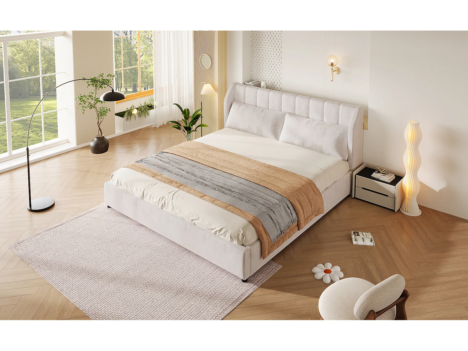 Łóżko platformowe tapicerowane 180 x 200 cm z 2 poduszkami - Aksamit - MDF + Flanela - Beż (Materac nie jest wliczony w cenę)