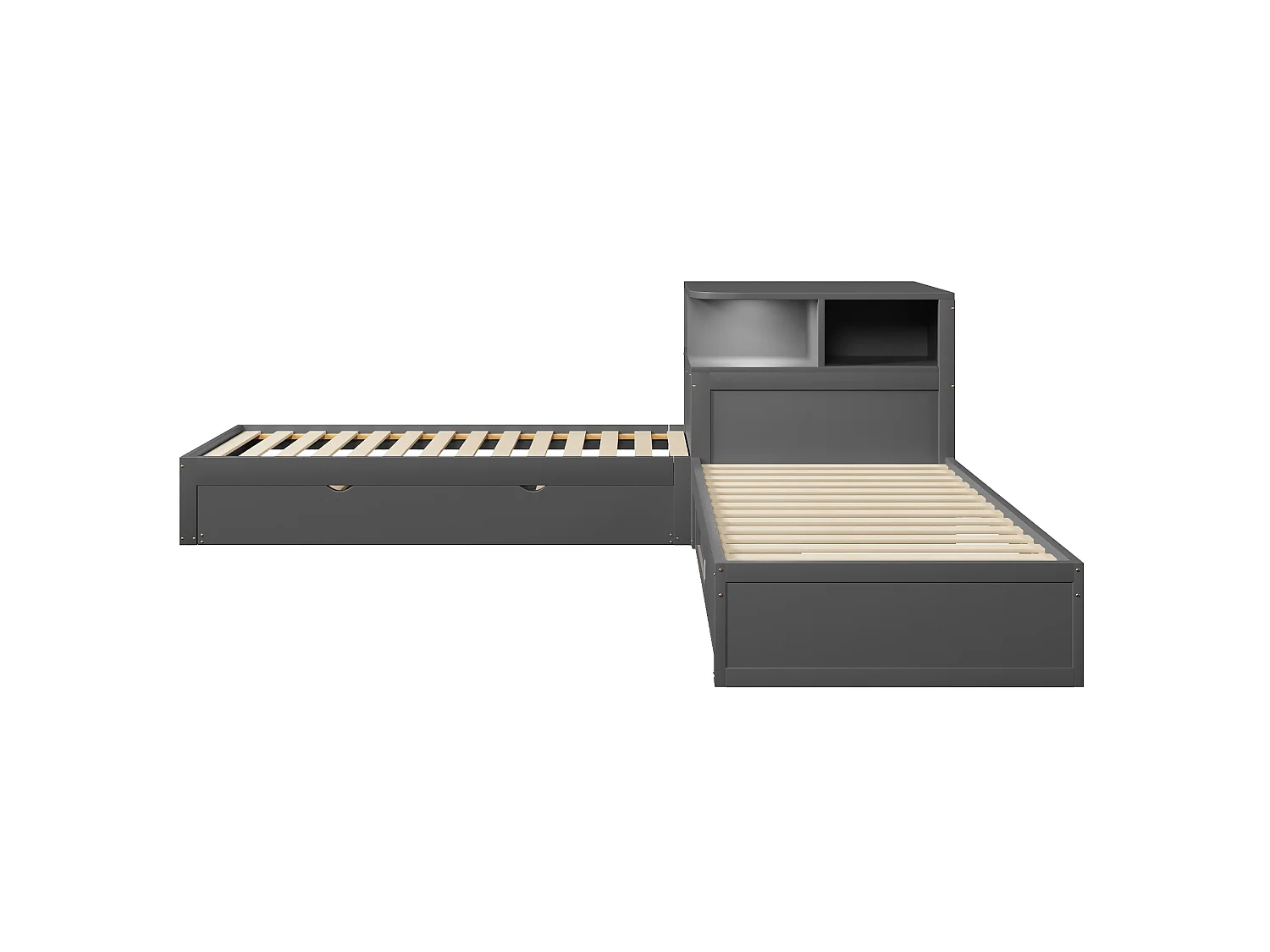 L-formad plattformssäng 90 x 200 cm med utdragbar säng och förvaring med skjutdörrar - MDF + furu - Grå (Madrass ingår ej)