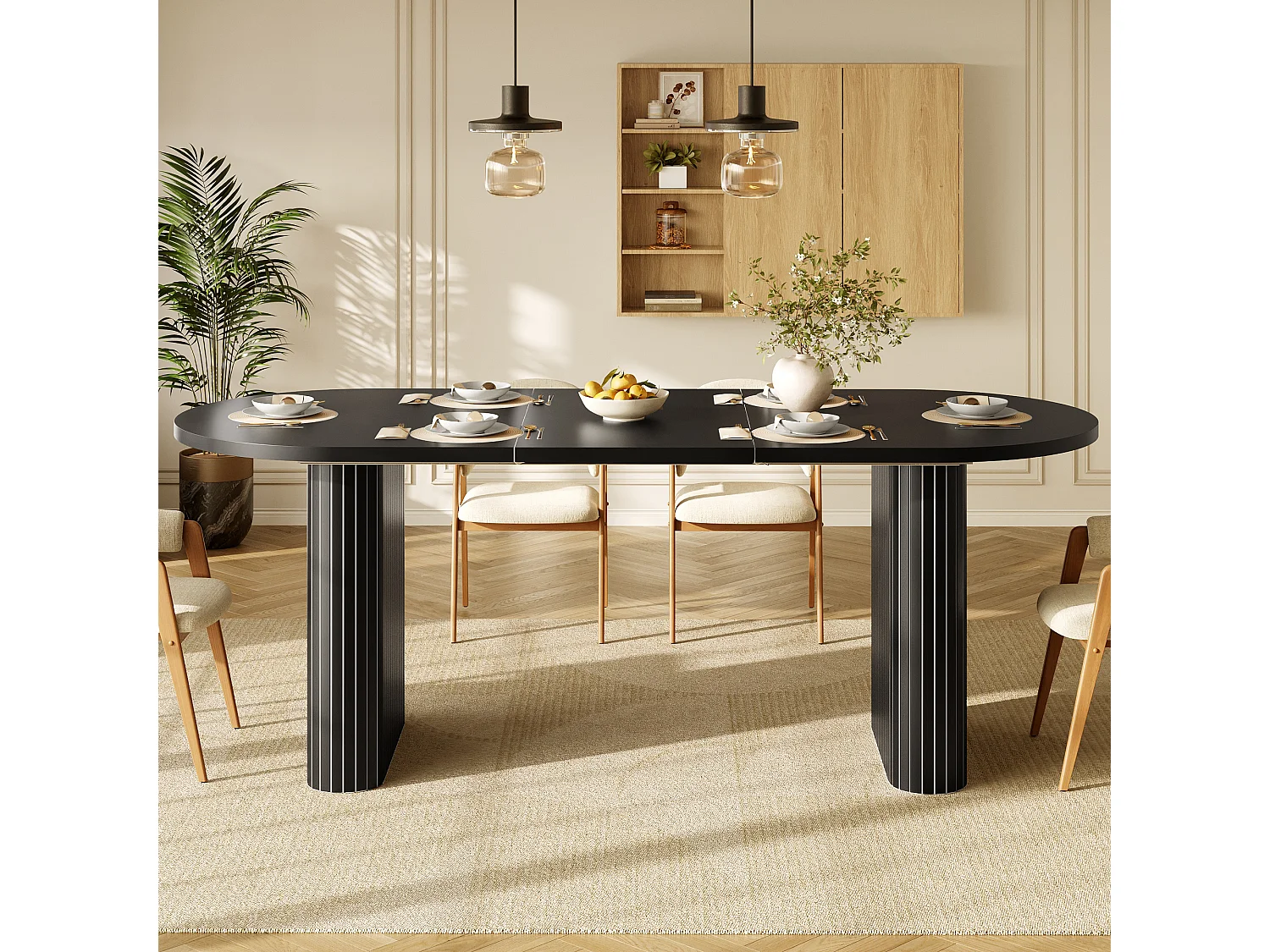 Table à manger extensible avec plateau épais, coins arrondis et pieds texturés - MDF - 120-160 x 80 x 75,5 cm - Noir