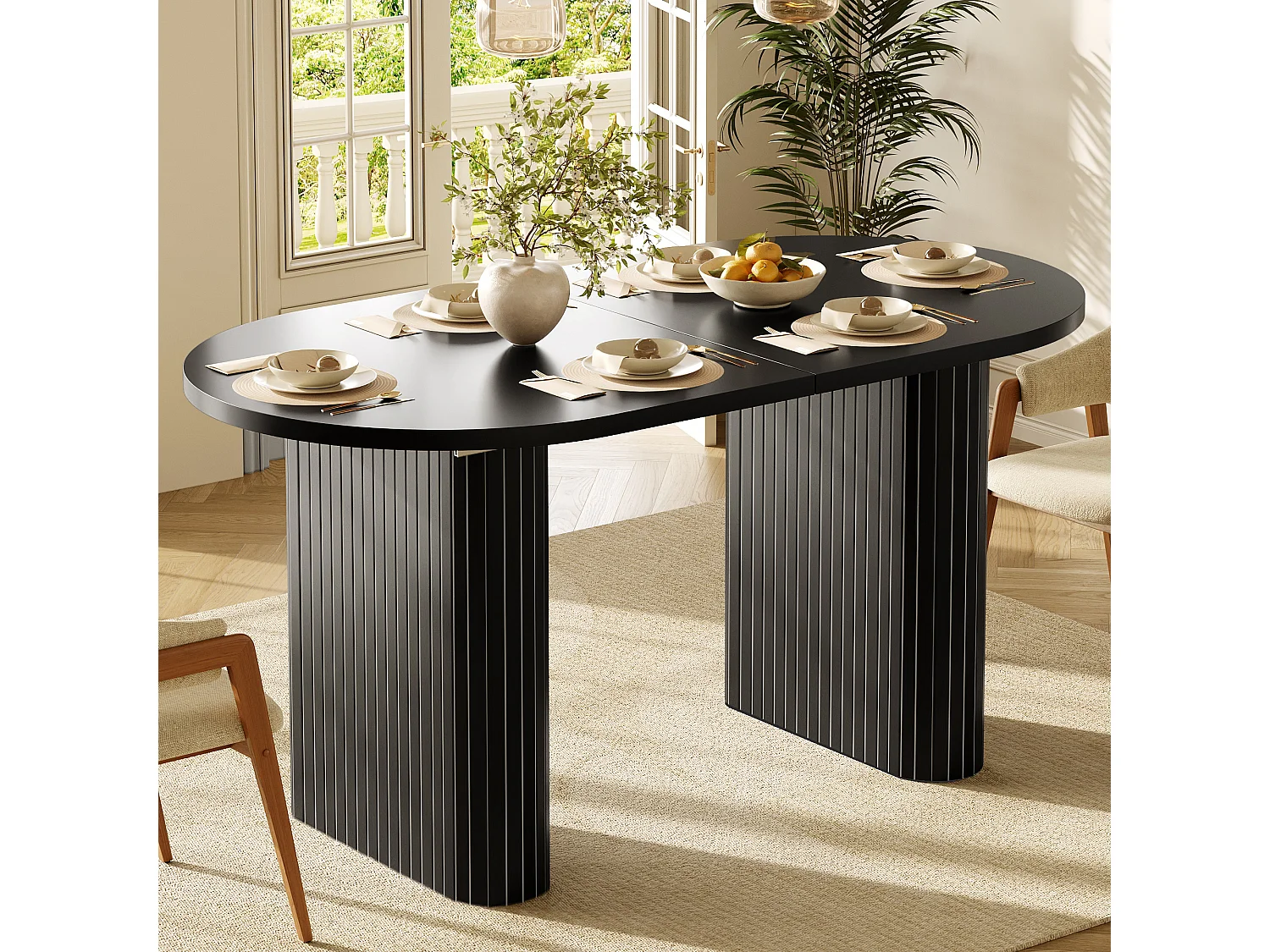 Table à manger extensible avec plateau épais, coins arrondis et pieds texturés - MDF - 120-160 x 80 x 75,5 cm - Noir