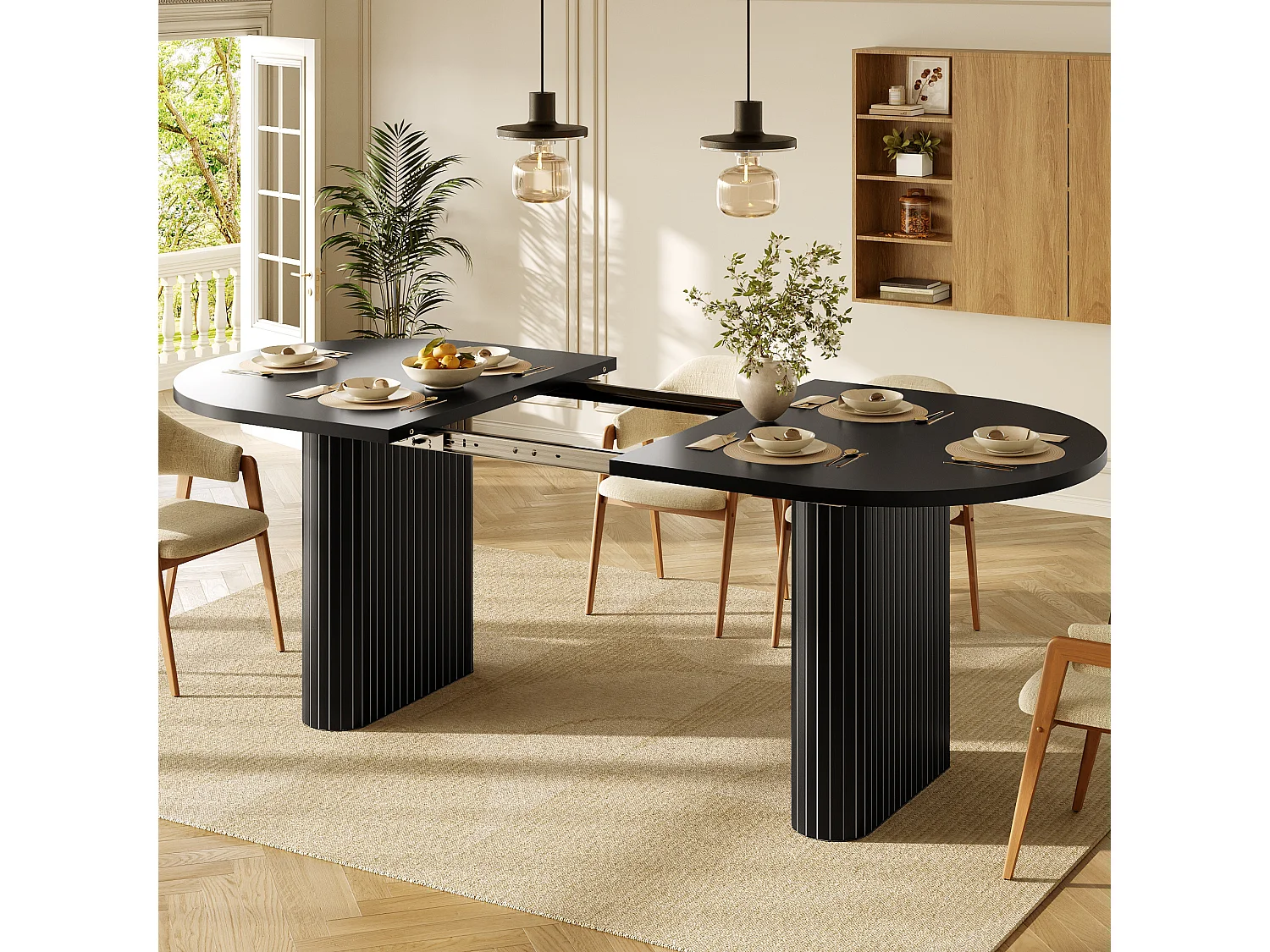 Table à manger extensible avec plateau épais, coins arrondis et pieds texturés - MDF - 120-160 x 80 x 75,5 cm - Noir