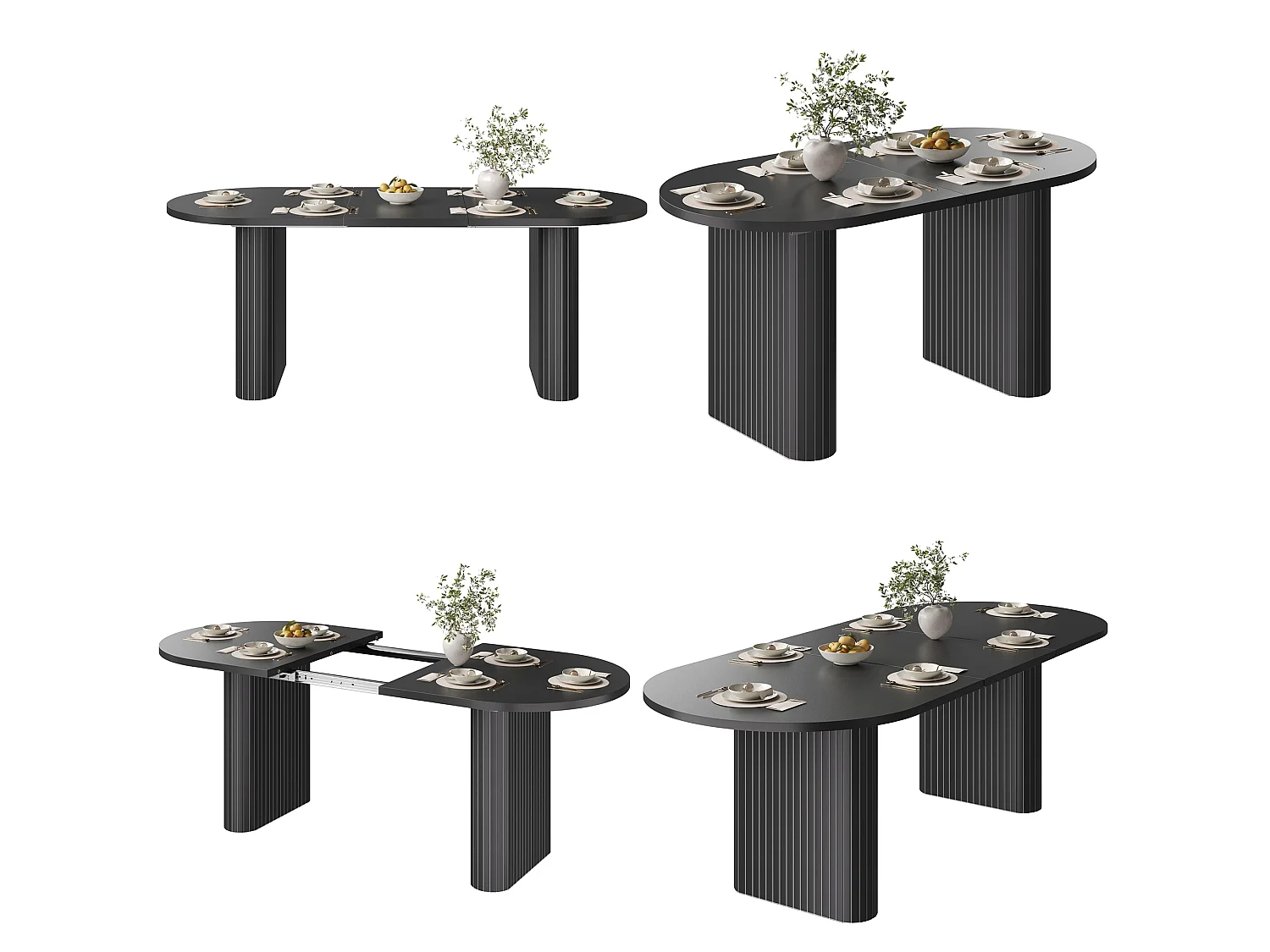 Table à manger extensible avec plateau épais, coins arrondis et pieds texturés - MDF - 120-160 x 80 x 75,5 cm - Noir
